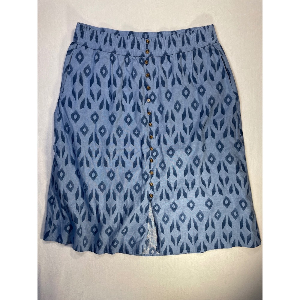 linen blend ikat print midi skirt with buttons pockets L boho coastal cottage